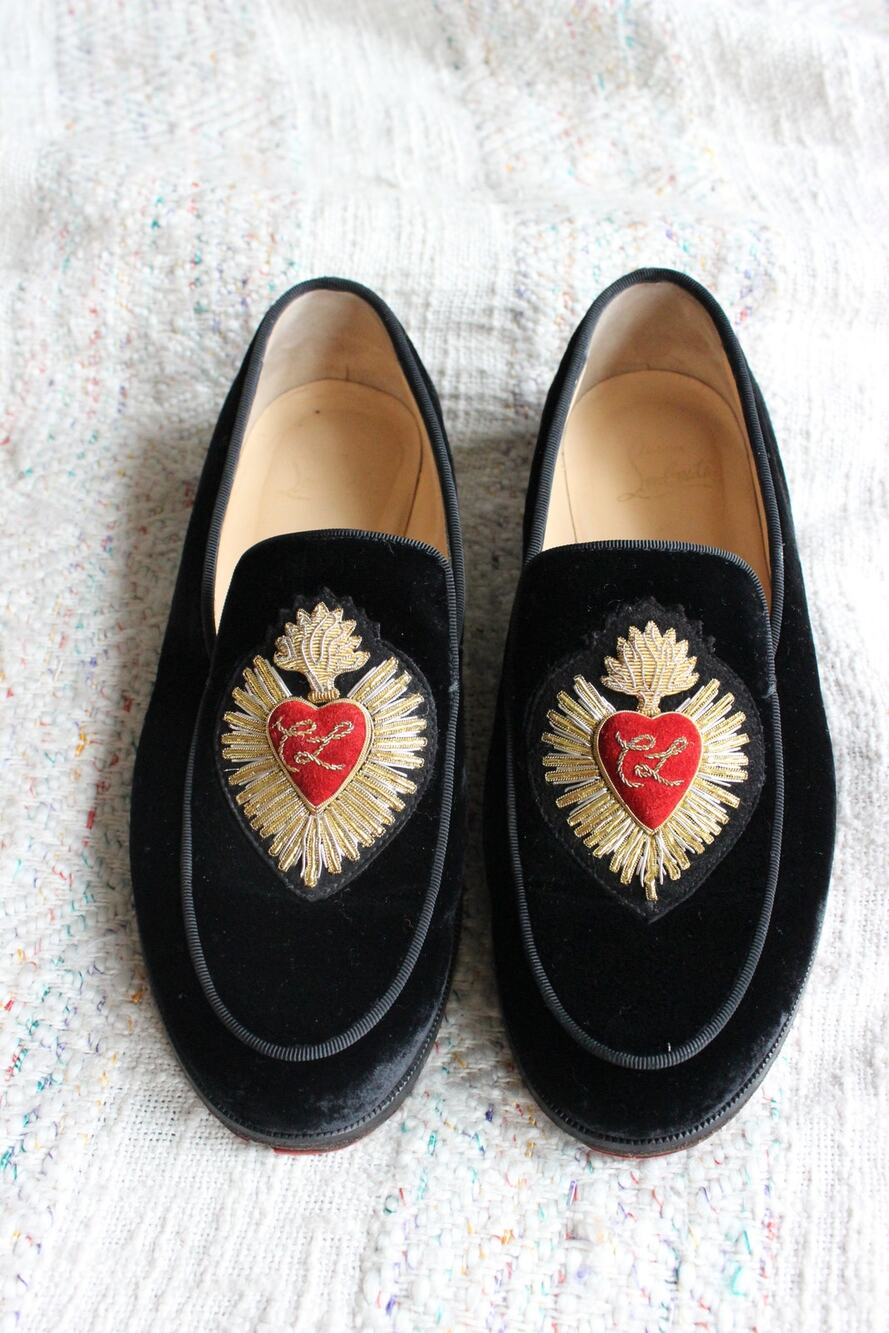 Christian Louboutin Velvet Sacred Heart Embroidered Loafers Size 35.5
